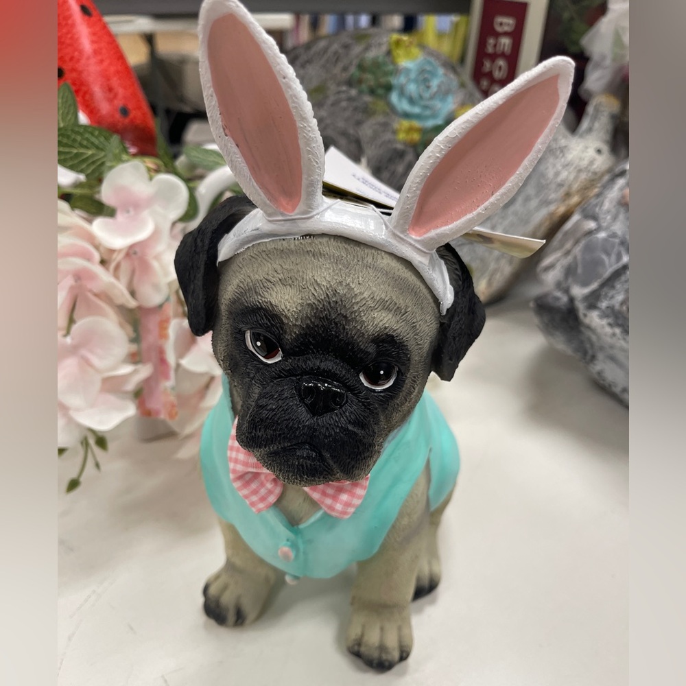 Easter Pug with Bunny Ears & Vest & Bow Tie Resin Figure Humane Society NWT